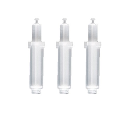 BT 704502 Three identical seripettor pro Dispensing Cartridges, Non-Sterile, 3 Pack, 10mL (Brandtech) are standing upright in a row against a white background.