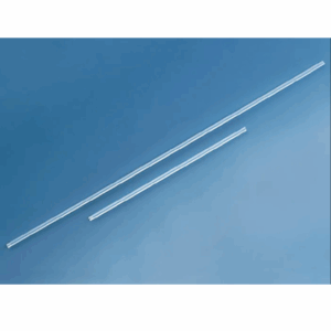Two clear glass stirring rods of different lengths lie parallel on a blue background, next to a Brandtech seripettor Filling Tube, PP, 2 Pack, 2mL-25mL, 250mm.