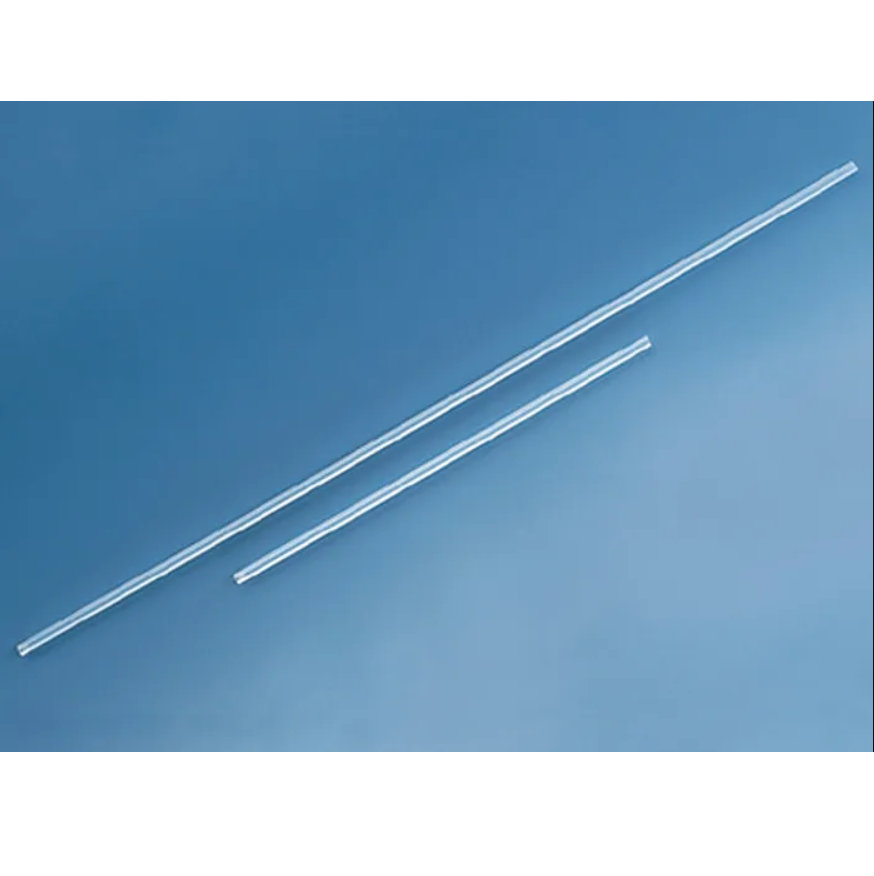Two clear glass stirring rods of different lengths lie parallel on a blue background, next to a Brandtech seripettor Filling Tube, PP, 2 Pack, 2mL-25mL, 250mm.
