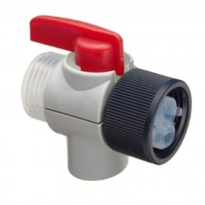 Dispensette III SafetyPrime Valve (All Volumes 1-100mL, BrandTech) with red lever handle, black threaded connector, and transparent connector, shown on a white background. For use with Dispensette III systems.