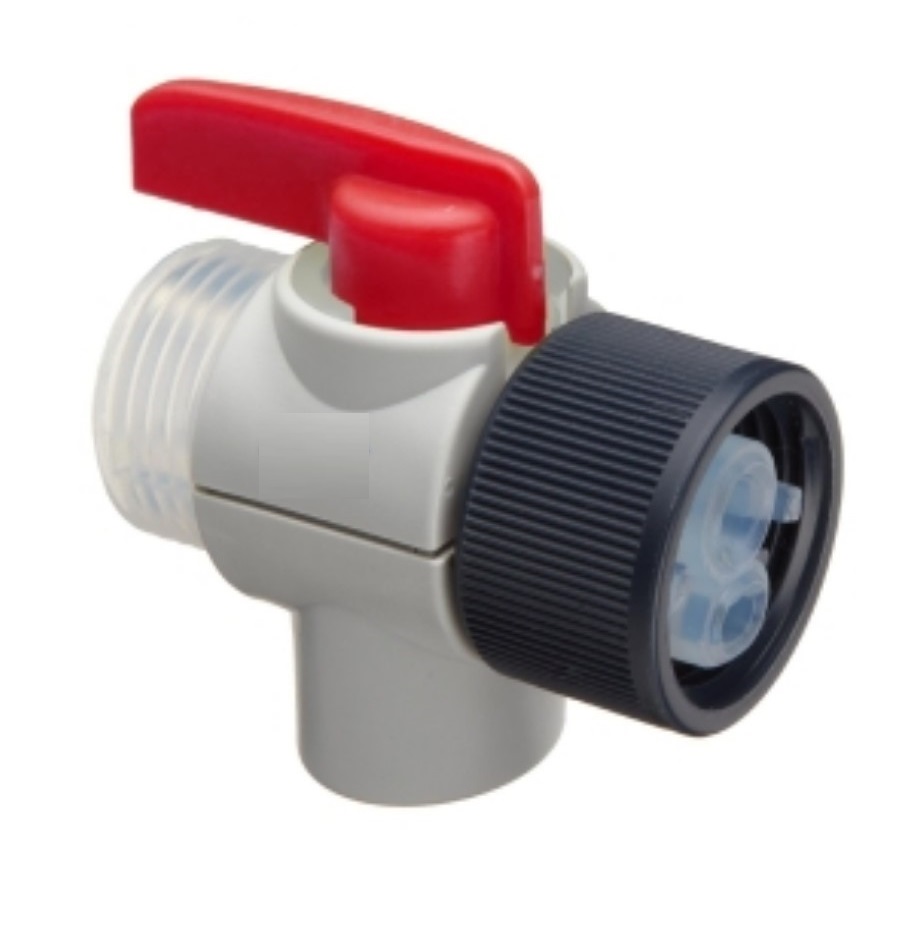 BT 706080 Dispensette III SafetyPrime Valve (All Volumes 1-100mL, BrandTech) with red lever handle, black threaded connector, and transparent connector, shown on a white background. For use with Dispensette III systems.