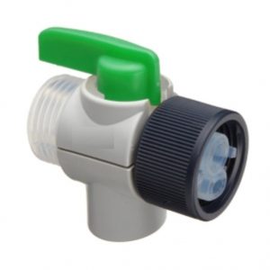 The Dispensette HF SafetyPrime Valve (BrandTech) features a green lever handle, threaded connector, and black rotary adjustment knob for precise control; compatible with BrandTech Dispensette HF systems.