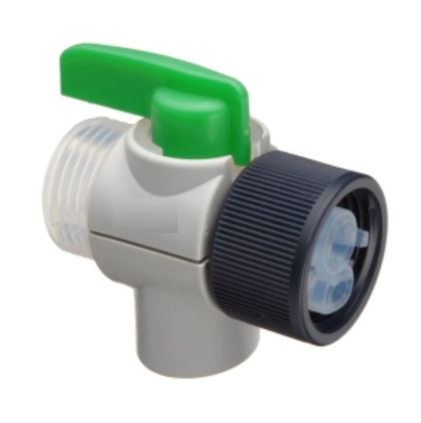 BT 706085 The Dispensette HF SafetyPrime Valve (BrandTech) features a green lever handle, threaded connector, and black rotary adjustment knob for precise control; compatible with BrandTech Dispensette HF systems.
