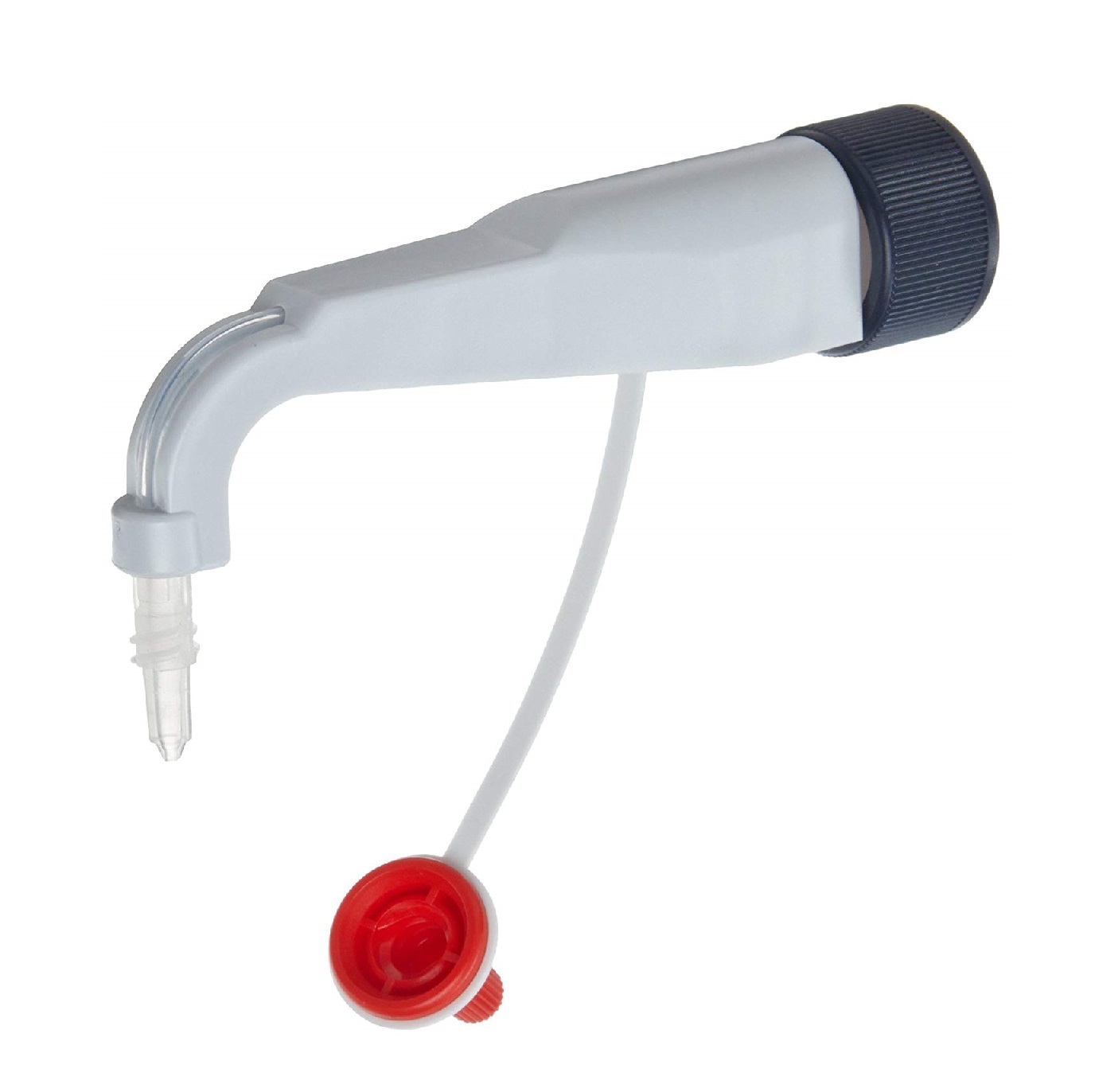 BT 707915_ A manual liquid dispenser with a screw cap, curved fine-tip discharge tube, and attached flexible tube with red cap, compatible with Dispensette III / seripettor pro, 0.5mL to 10mL (BrandTech).