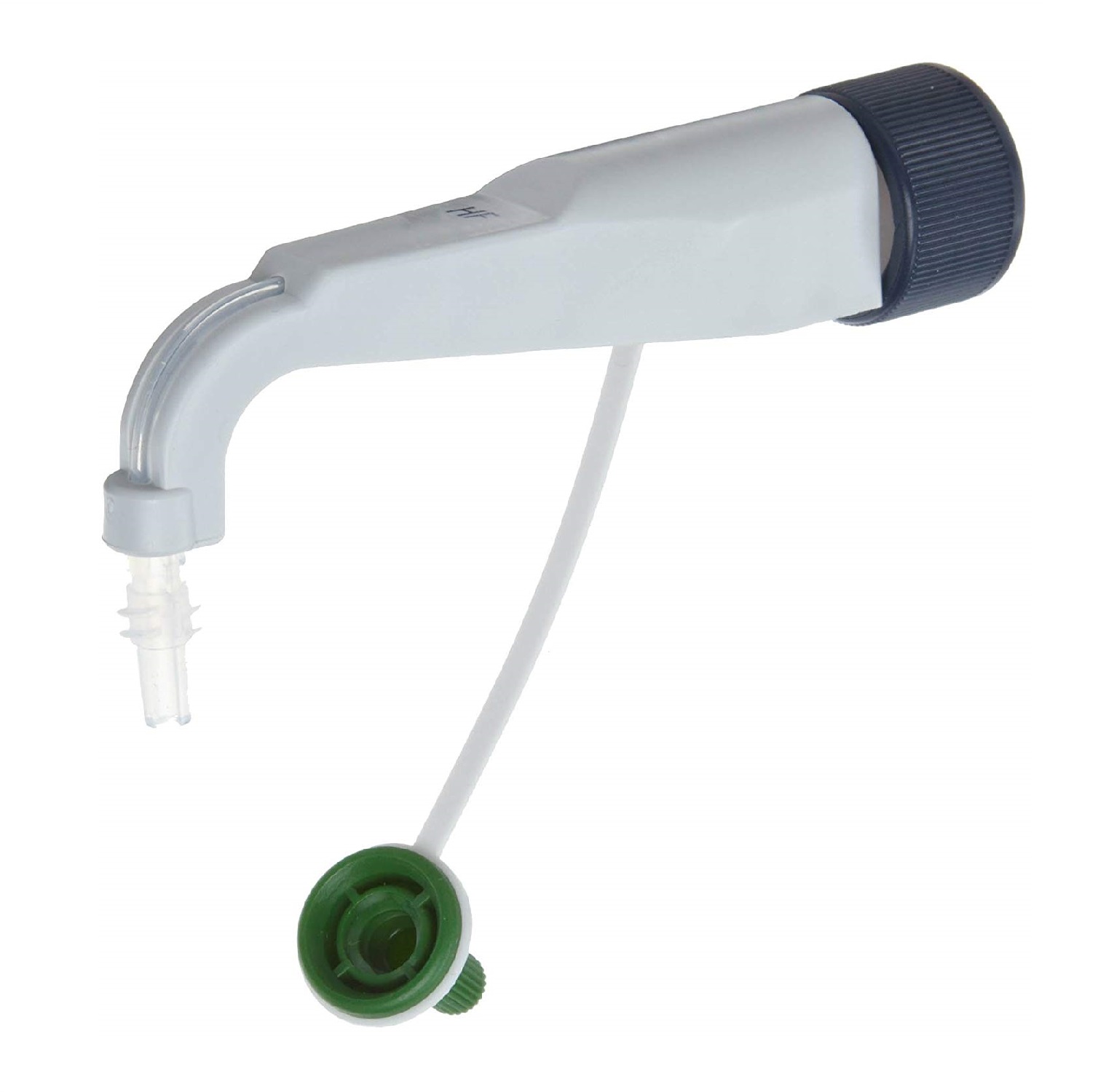 BT 707919 The Dispensette HF Discharge Tube, 90mm, FEP, 10mL (BrandTech) features a curved FEP spout, adjustment dial, and detachable green cap connected by a tube for precise lab dispensing.