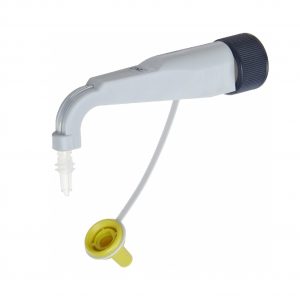 The Dispensette III/seripettor pro Fine Tip Discharge Tube (0.5mL–10mL, BrandTech) is a white plastic lab bottle top accessory featuring a curved tube, connecting tube, and yellow screw cap.