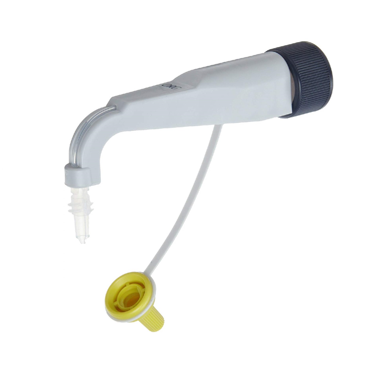 BT 707935_ The Dispensette III/seripettor pro Fine Tip Discharge Tube (0.5mL–10mL, BrandTech) is a white plastic lab bottle top accessory featuring a curved tube, connecting tube, and yellow screw cap.