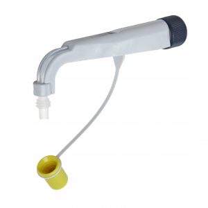A white/gray plastic lever tap with black screw cap, standard tip, and yellow cap on strap—compatible with Dispensette Organic Discharge Tube, Standard Tip, 25mL/50mL/100mL (BrandTech).