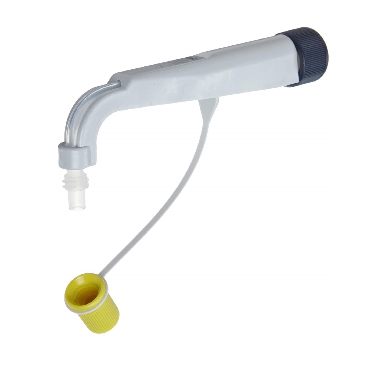 BT 707937 A white/gray plastic lever tap with black screw cap, standard tip, and yellow cap on strap—compatible with Dispensette Organic Discharge Tube, Standard Tip, 25mL/50mL/100mL (BrandTech).