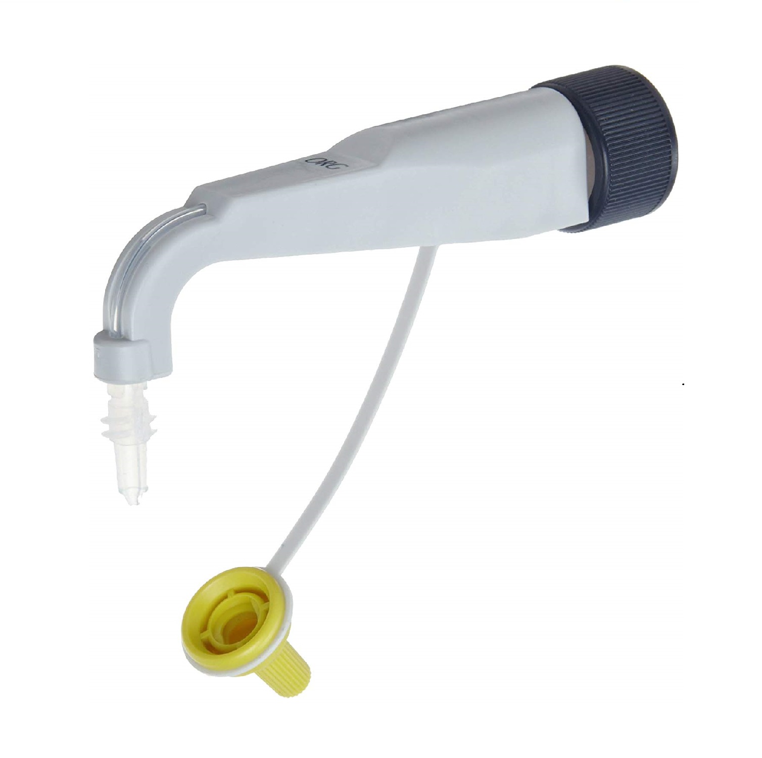 BT 707938 A white and gray BrandTech Dispensette Organic Fine Tip Discharge Tube (25mL, 50mL, 100mL) with a thin tube and yellow end cap.