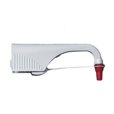 BT 708006 A white wall-mount can opener with a red handle and a fine tip metal cutting wire, shaped like the precision-engineered Dispensette S Discharge Tube, Fine Tip, 135mm for 25/50/100mL (BrandTech).