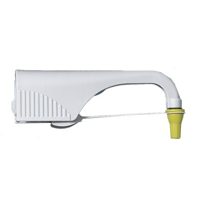 BT 708014 no valve A white and yellow pipette with a curved ergonomic handle and a disposable yellow tip, designed for use with the BrandTech Dispensette S Organic Discharge Tube, Standard Tip, 105mm, 5mL, 10mL.