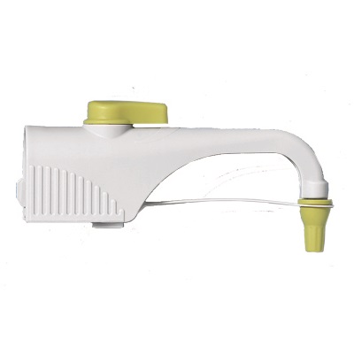 BT 708114 S Valve White plastic Dispensette S Organic Discharge Tube with Recirculation Valve, Standard Tip, 105mm, for 5mL and 10mL (BrandTech), features yellow accents and a ribbed grip with a curved spout ending in a yellow tip, shown on a plain background.