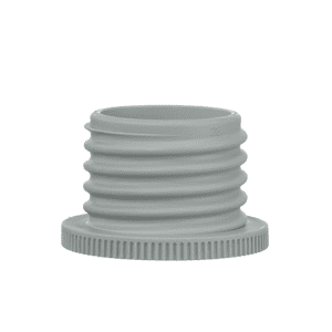 The Brandtech Bottle Thread Adapter, PP, 33/28mm, 33/S28mm features a gray ribbed cylindrical body and flat ridged base for secure connection of 33/S28mm pipes or fittings.