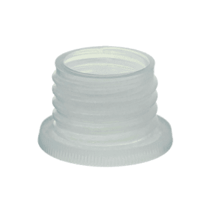 The Bottle Thread Adapter, ETFE, 33/24mm (Brandtech) features ribbed sides and is made from durable ETFE clear plastic. Shown on a white background.