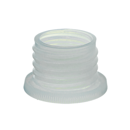 BT704375 The Bottle Thread Adapter, ETFE, 33/24mm (Brandtech) features ribbed sides and is made from durable ETFE clear plastic. Shown on a white background.