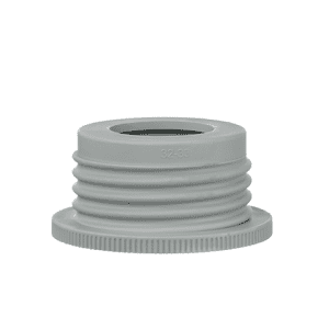 The Brandtech Bottle Thread Adapter, PP, 45/33mm features a ribbed gray exterior and wide base for secure plumbing or conduit connections.