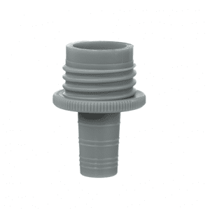 Brandtech Bottle Thread Adapter, PP, 33mm fits STJ 19/26: gray plastic adapter with threaded top, ridged center, and tapered ribbed end for hose attachment.