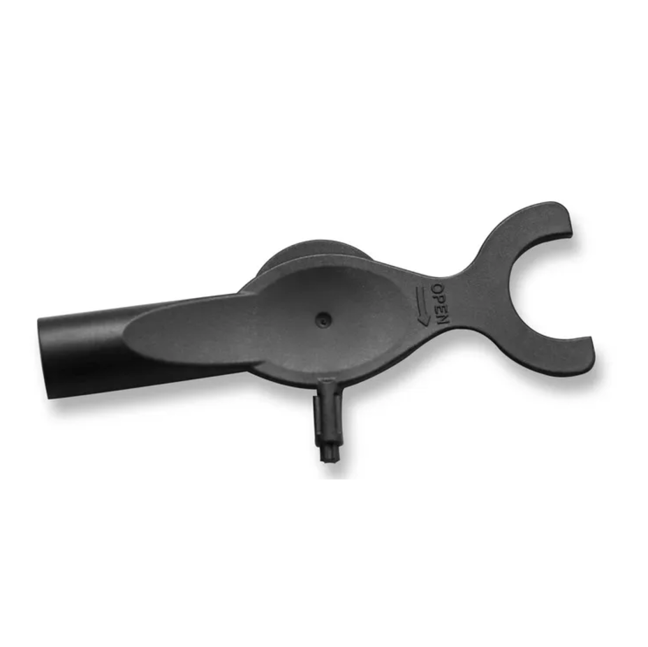 BT_6748 A black plastic mounting tool labeled OPEN with an arrow, featuring a handle and circular opening—compatible with all volumes of BrandTech Dispensette S, S Organic, S Trace Analysis, and seripettor pro dispensers.