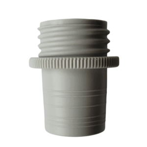 A close-up of a gray PP Bottle Thread Adapter, 33mm, fits STJ 29/32 (Brandtech), showing its ridged and grooved details, isolated on a white background.
