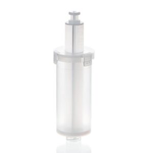 A metallic-finish cylindrical component with a central piston and circular base—like the Brandtech seripettor, seripettor pro, or QuikSip Dispensing Cartridges Non-Sterile 3 Pack 25mL—shown against a white background.