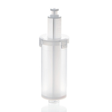 BT_704504 A metallic-finish cylindrical component with a central piston and circular base—like the Brandtech seripettor, seripettor pro, or QuikSip Dispensing Cartridges Non-Sterile 3 Pack 25mL—shown against a white background.