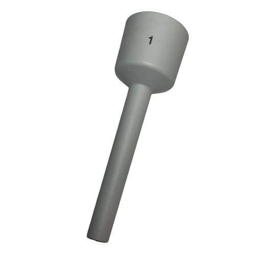 A dark gray cylindrical Reference 2 Ejector Sleeve for fixed volume 1μL Eppendorf pipette, with a long handle and "1" on the larger end, shown against a white background.