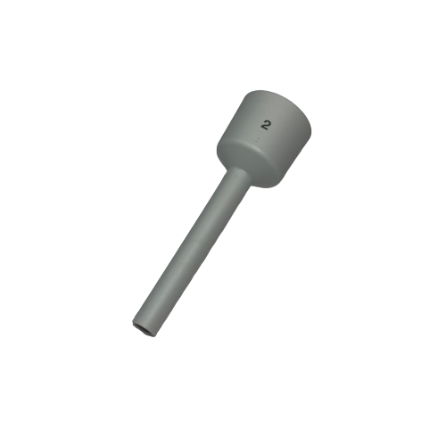 A dark gray Eppendorf Reference 2 ejector sleeve with a fixed 2μL volume, cylindrical shape, and narrow stem, is shown on a white background.