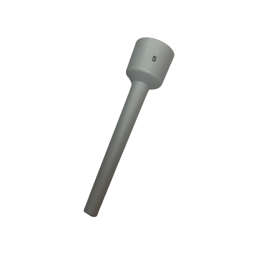 A medium gray cylindrical plastic Reference 2 Ejector Sleeve for 5μL fixed-volume Eppendorf pipettes, featuring a wider top section, isolated on a white background.