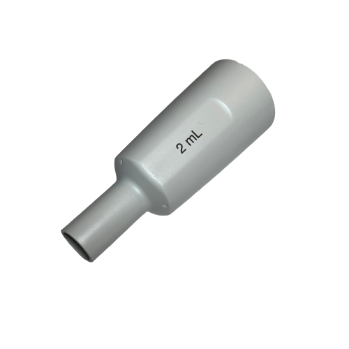 A blue plastic Eppendorf Reference 2 Ejector Sleeve for fixed volume pipettes, 2mL, is shown with a narrow nozzle and wider body on a white background.