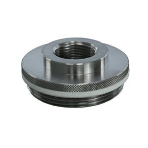 A Dispensette Thread Adapter by Brandtech made of stainless steel, featuring a 2" outer diameter and knurled edge, designed for pipe or hose connections.