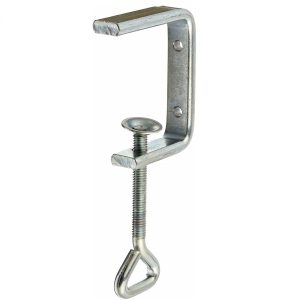 The Dispensette Table/Shelf Clamp for Wall Mounting Unit (Brandtech) is a metal C-clamp with screw and swivel pad, perfect for securing objects to surfaces or as a sturdy shelf clamp and Dispensette table clamp.