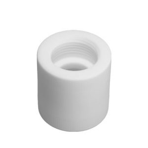 A white, cylindrical Dispensette Thread Adapter (PTFE, 3/4" outer thread, GL 32mm, Brandtech) is shown from above at an angle, highlighting the opening and inner threads.