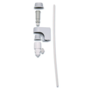 A Dispensette Remote Dispensing System (Brandtech) water filter faucet adapter kit with multiple white plastic parts and a flexible tube, displayed disassembled for easy integration into your dispensing setup.