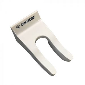 The Single Pipette Holder, Single Channel & Multichannel (Gilson) is a white plastic holder with the Gilson brand printed on top and a U-shaped slot for securely resting either a single channel or multichannel pipette.