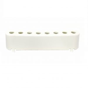 White plastic ejector spacer for Pipetman Neo multichannel (8 channel, DL10 & D20), G & L series by Gilson, shown with six holes on a plain white background, echoing the clean design of Gilson instruments.