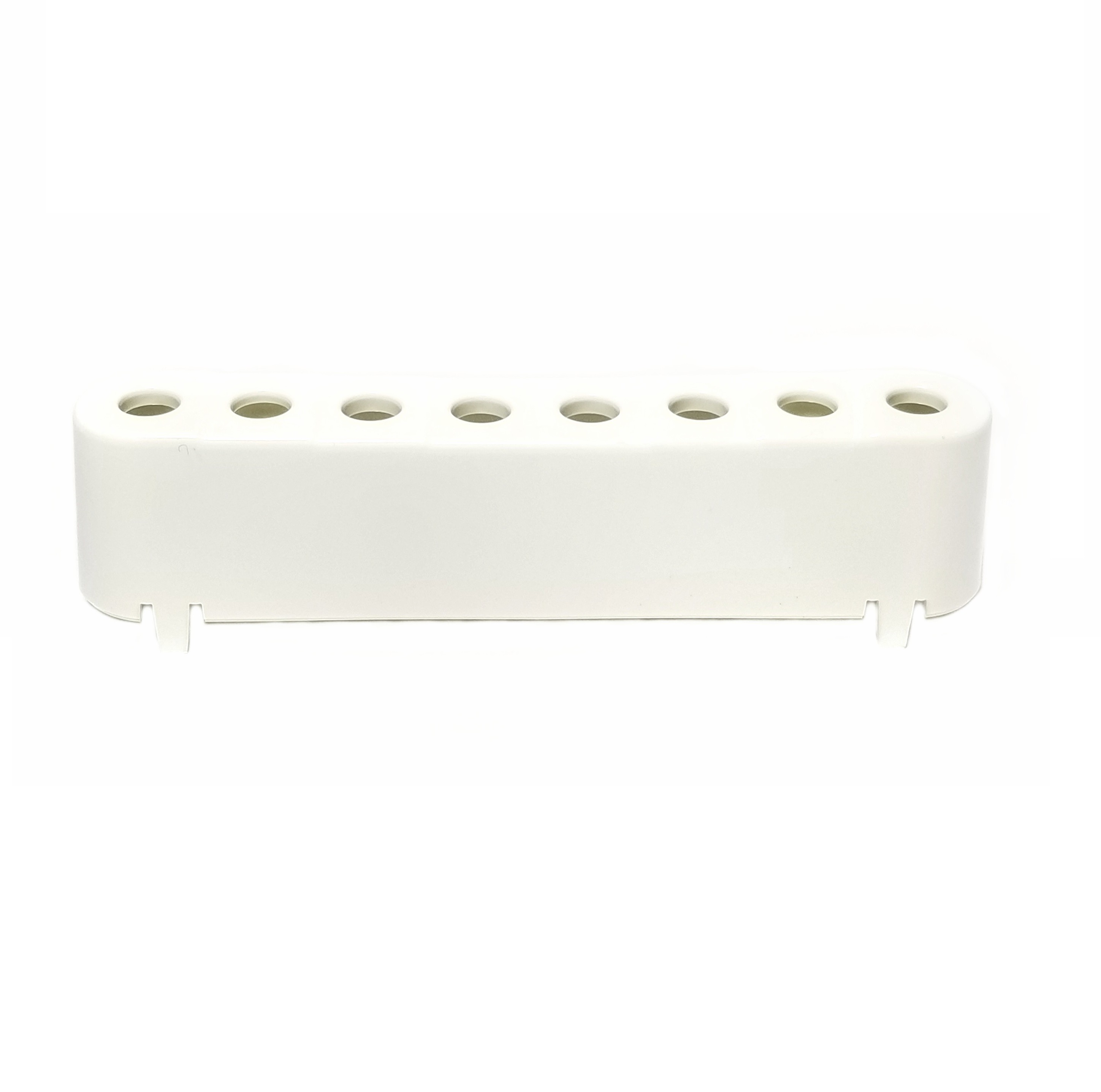 White plastic ejector spacer for Pipetman Neo multichannel (8 channel, DL10 & D20), G & L series by Gilson, shown with six holes on a plain white background, echoing the clean design of Gilson instruments.