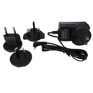 The S1 Pipet Filler & Matrix Multichannel 16-Ch Power Supply (Thermo Scientific) features universal inputs and detachable European, UK, Australian, and US plugs for global compatibility; plugs displayed on a white background.