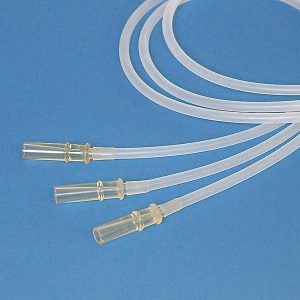 The QuikSip Bottletop Aspirator 3 Pack by BrandTech includes transparent suction tubing and a spare adapter, displayed on a blue surface.