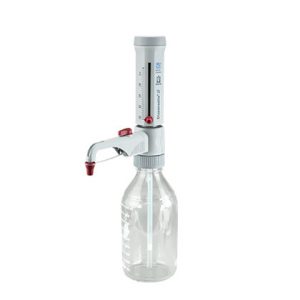 The Dispensette S Bottletop Dispenser, Analog, Adjustable with Recirculation Valve (2.5–25mL, BrandTech) features a clear bottle, gray dispenser with measurement markings, control knobs, and integrated recirculation for precise liquid handling.