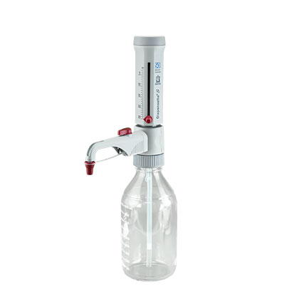BT 4600151 The Dispensette S Bottletop Dispenser, Analog, Adjustable with Recirculation Valve (2.5–25mL, BrandTech) features a clear bottle, gray dispenser with measurement markings, control knobs, and integrated recirculation for precise liquid handling.