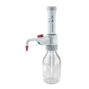 The Dispensette S Bottletop Dispenser, Fixed Volume, 1mL (BrandTech) features a recirculation valve, clear plastic bottle, dispensing nozzle, volume adjustment dial, and red safety lock for efficient reagent handling.