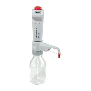 The Dispensette S Bottletop Dispenser, Digital, Standard Valve, 0.1-1mL (BrandTech) features volume markings, a digital display, and a clear plastic bottle for accurate laboratory dispensing.
