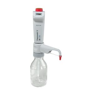 A BrandTech Dispensette S Digital Bottletop Dispenser, Standard Valve, 0.2–2mL, is mounted on a clear graduated bottle with a red-capped nozzle for precise lab dispensing.