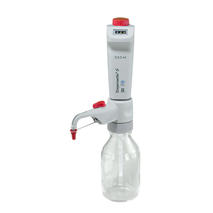 BT 4600321 The Dispensette S Bottletop Dispenser, Digital, with recirculation valve (0.2-2mL), by BrandTech, offers precise lab liquid dispensing and easy digital volume control.