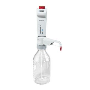 A Dispensette S Bottletop Dispenser, Digital, Standard Valve, 0.5-5mL (BrandTech), is shown on a plastic bottle for precise liquid dispensing in labs.