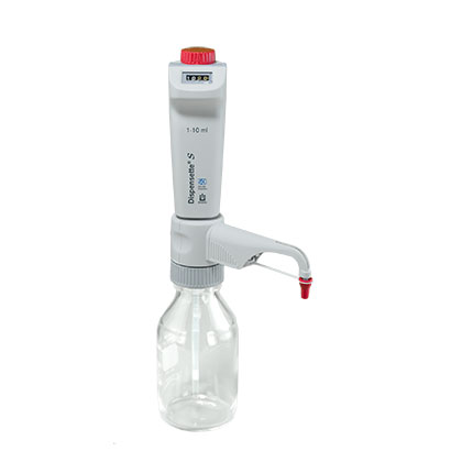 BT 4600340 A Dispensette S Bottletop Dispenser, Digital, Standard Valve, 1-10mL (BrandTech), is mounted on a clear reagent bottle, offering precise digital volume adjustment and a dispensing spout with a red cap.