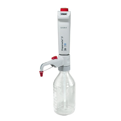 BT 4600351 The Dispensette S Bottletop Dispenser, Digital, 2.5-25mL (BrandTech) features a recirculation valve and attaches to bottles for accurate liquid dispensing and precise volume control.