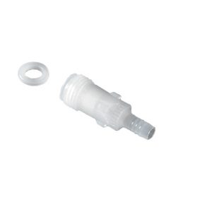 A small, white plastic connector and separate washer for the Titrette Filling Valve, All Volumes (BrandTech), featuring a threaded end and ribbed nozzle, shown on a white background.