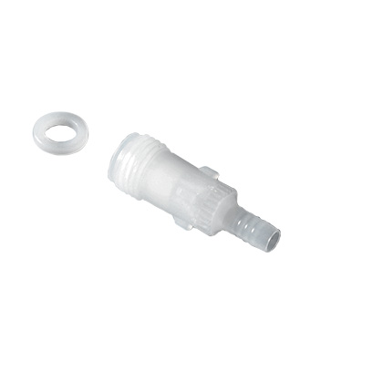 BT 6636 A small, white plastic connector and separate washer for the Titrette Filling Valve, All Volumes (BrandTech), featuring a threaded end and ribbed nozzle, shown on a white background.